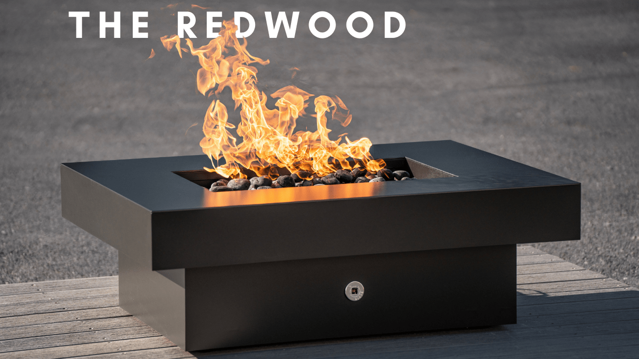 Redwood Fire Pit with fire roaring and text above