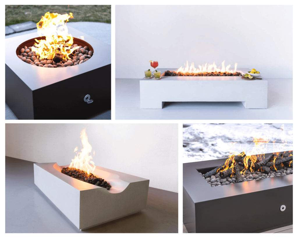 Collage of 4 styles of gas fire pits