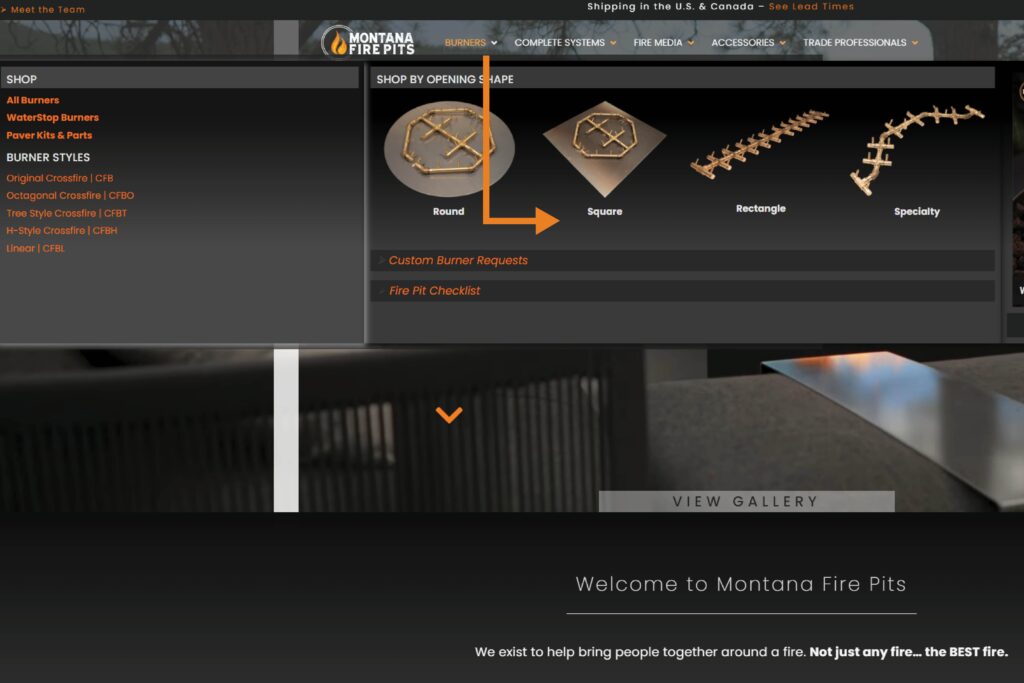 screenshot of website shopping navigation for burners