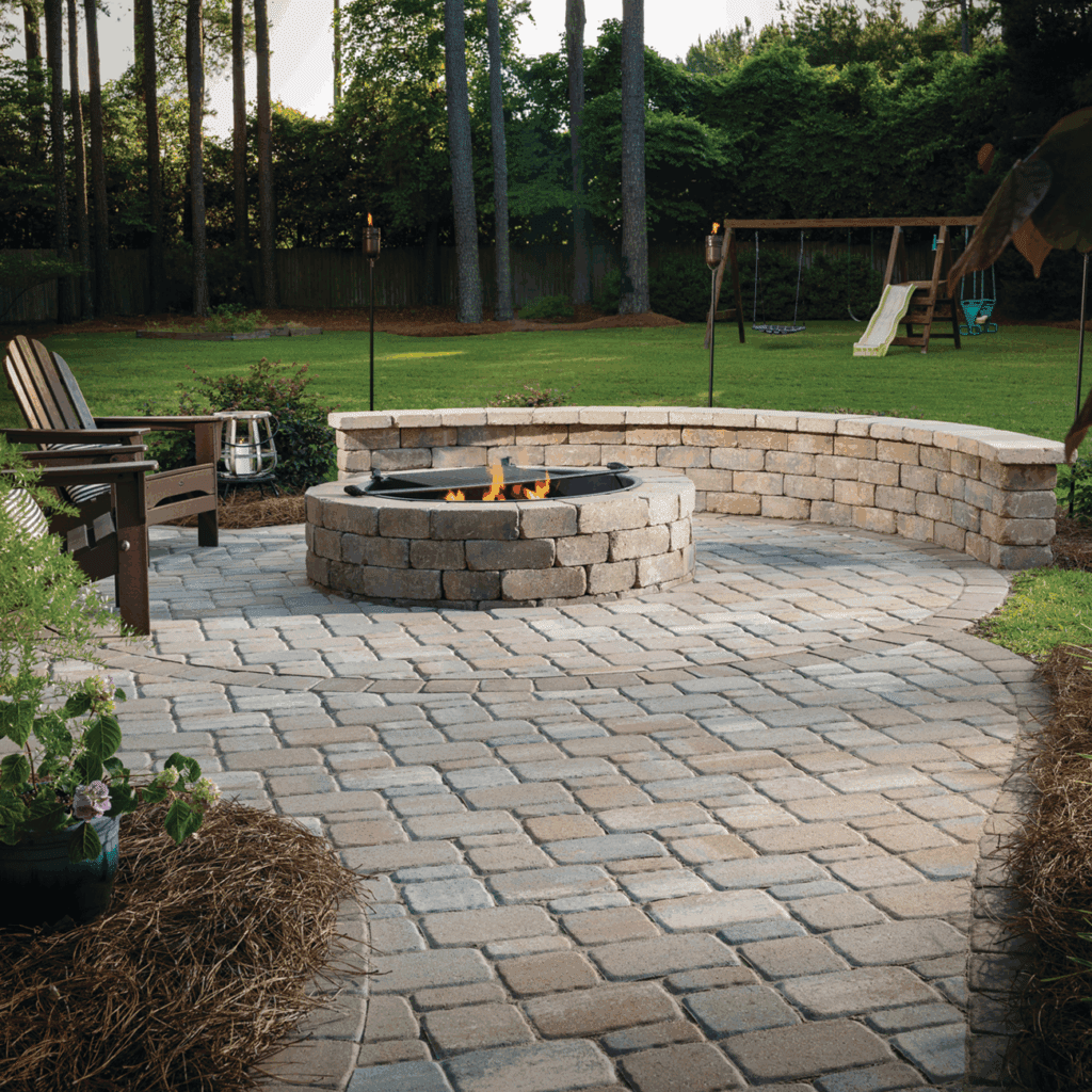 A Montana Fire Pits Paver Kit Fire Pit on a gorgeous back patio in western montana