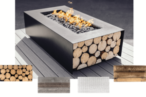 steel fire table with custom accents made of wood and tile
