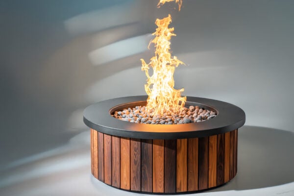 luxury fire pit with metal top and hardwood sides