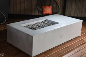 65 inch Acadia fire pit table in Silver Nickel with steel logs